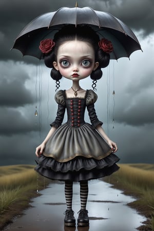 Cinematic scene - full body shot. in the style of Nicoletta Ceccoli, Mark Ryden and Esao Andrews. a picture of a pretty girl standing in a rain storm. rain drops are falling. there is lightning and dark storm clouds in the sky above. she has long jet black hair with braids, buns and knots. she has gothic make-up on her eyes and face. she is wearing an elaborate hat and high fashion rococo dress, stockings and shoes.  (((perfect hands))) (((manicured fingernails))) ((((nail polish)))