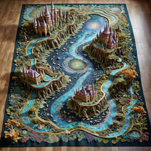bird's eye view long shot top view of a Magic tapestry woven carpet, of holographic magical world, (3-D), ,three-dimensional depiction, emerging from a tapestry, 3d style textured intricate and detailed magical fairyland landscape world that is woven inside a textile thick tapestry, weaveworld by clive barker, tapestry, detailed intricate large magical realm, detailed castles, landscapes, animals, dragons, intricate plant life, human communities all woven into a tapestry or rug. exquisitely woven carpet ,map, the map is lifted from paper It appears to float on the floor. high quality, imagination, 8K, fantasy art, style painting magic, map, itacstl,diorama,FlowerStyle