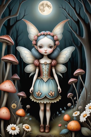Cinematic scene - side view full body shot. in the style of Nicoletta Ceccoli, Mark Ryden and Esao Andrews. a detailed picture of a cute fairy with elaborate fairy costume and elaborate fairywings in a flower garden forest at night under a full moon in the style Nicoletta Ceccoli, Mark Ryden and Esao Andrews.