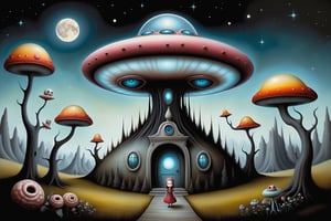 Cinematic scene - detailed, intricate strange alien flying saucer landed in an land of ghosts, aliens, weird, otherworldly never before seen colorful plants in the style of Nicoletta Ceccoli, Mark Ryden and Esao Andrews. night time full moon, glowing luminescent plants, flowers, trees, Nicoletta Ceccoli, Mark Ryden and Esao Andrews. 