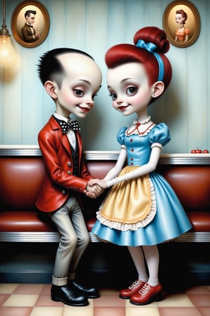 Cinematic scene - full body shot. in the style of Nicoletta Ceccoli, Mark Ryden and Esao Andrews. a detailed picture of a happy playful Rockabily teen boy and teen girl holding hands  looking at each other smiling in a 1950's diner in elaborate high fashion Rockabilly clothes in the style Nicoletta Ceccoli, Mark Ryden and Esao Andrews. 
