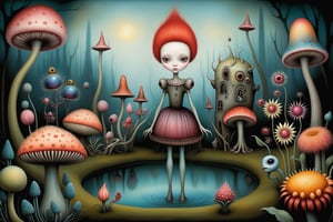 Cinematic scene - detailed, intricate strange garden with alien, weird, otherworldly colorful plants in the style of Nicoletta Ceccoli, Mark Ryden and Esao Andrews. Nicoletta Ceccoli, Mark Ryden and Esao Andrews. 