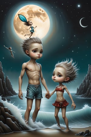 Cinematic scene - side view full body shot. in the style of Nicoletta Ceccoli, Mark Ryden and Esao Andrews. a detailed picture of a cute surfer girl and cute surfer boy playing in the ocean splashing water at night under a full moon girl wearing bikini, boy wearing swimming shorts, tank top, beach wear, in the style Nicoletta Ceccoli, Mark Ryden and Esao Andrews.
