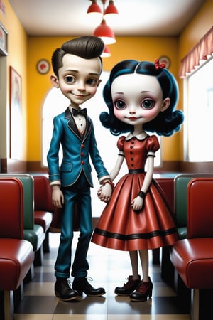 Cinematic scene - full body shot. in the style of Nicoletta Ceccoli, Mark Ryden and Esao Andrews. a detailed picture of a happy playful Rockabily teen boy and teen girl holding hands  lloking at each other smiling in a 1950's diner in elaborate high fashion Rockabilly clothes in the style Nicoletta Ceccoli, Mark Ryden and Esao Andrews. 