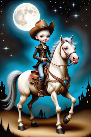 Cinematic scene - full body shot. in the style of Nicoletta Ceccoli, Mark Ryden and Esao Andrews. a detailed picture of a cowboy on horseback at night smiling in love wearing elaborate high fashion cowboy country outfit in the style Nicoletta Ceccoli, Mark Ryden and Esao Andrews.