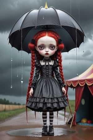Cinematic scene - full body shot. in the style of Nicoletta Ceccoli, Mark Ryden and Esao Andrews. a picture of a pretty girl standing under a carnaval tent in the pouring rain. rain is dripping and falling all around. she has long bright red colored hair in elaborate braids and buns. she has gothic make-up on her eyes and face. she is wearing an elaborate high fashion gothic lolita, stockings and shoes. raindrops are falling from the sky. there is lightning and dark storm clouds in the sky. (((perfect hands))) (((manicured fingernails))) ((((nail polish)))