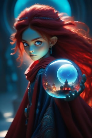 (masterpiece, best quality, ultra-detailed, best shadow), (detailed background,dark fantasy), (beautiful detailed face), high contrast, (best illumination, an extremely delicate and beautiful), ((cinematic light)), colorful, hyper detail, dramatic light, intricate details, Cute big headed large red eyed indian girl with red hair she wears a crown. She’s on an alien planet. in her hand she holds a glowing glass circle with a small alien world visible inside. The world is floating in the glass circle. She is obviously an alien with tight fitting outfit, decorated heavily with vibrant royal blues, whites, silvers and reds