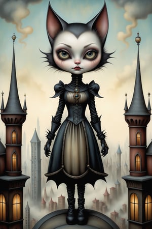 Cinematic scene - full body shot. in the style of Nicoletta Ceccoli, Mark Ryden and Esao Andrews. a detailed picture of a catwoman in elaborate high outfit standing on a highrise building in a gothic city in the style of Nicoletta Ceccoli, Mark Ryden and Esao Andrews. 
