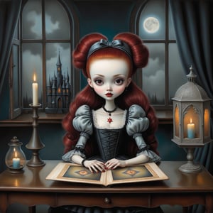 Cinematic shot of a beautiful young gothic lolita woman in the artistic style of Nicoletta Ceccoli, mark ryden and Esao Andrews. minimalist style. sweet smile. shiny long curly red hair with top knots and pony tails. she is sitting at her desk. a tarot card spread is on her desk. there is a ghostly spirit standing behind the woman. it is night time, full moon outside of her window. her room has lit candles, old books, magical items, pentagram, witchy items, feeling of exquisite beauty, whimsical dreams and magic. extremely detailed, (((perfect female anatomy))). extremely detailed, in the style of esao andrews, full body shot. dynamic pose. (((manicured long painted fingernails))) (((perfect hands and fingers))).