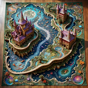 bird's eye view long shot top view of a Magic tapestry woven carpet, of holographic magical world, (3-D), ,three-dimensional depiction, emerging from a tapestry, 3d style textured intricate and detailed magical fairyland landscape world that is woven inside a textile thick tapestry, weaveworld by clive barker, tapestry, detailed intricate large magical realm, detailed castles, landscapes, animals, dragons, intricate plant life, men, women, children can be seen in the woven tapestry or rug. exquisitely woven carpet  map, the map is lifted from paper It appears to float on the floor. a small girl is sitting next to the map looking at it studying it intently, the carpet is much larger than the girl, next to the map and girl are bundles and reams of vivid colored yarns, threads, high quality, imagination, 8K, fantasy art, style painting magic, map, itacstl,diorama,FlowerStyle