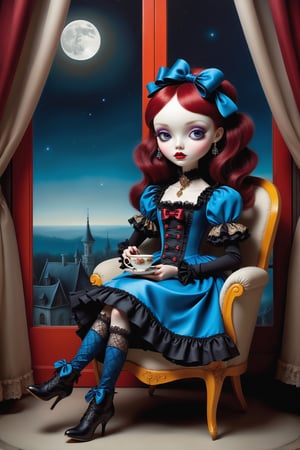 Cinematic full body shot of a beautiful young sweet gothic lolita woman in the artistic style of Nicoletta Ceccoli, Mark Ryden and Esao Andrews. minimalist style. sweet smile. bright blue eyes. shiny long red hair with fringe bangs. she is sitting in a rococo chair next to her window holding a teacup. it is night time, full moon dark sky outside of her window. she wears an elaborate sweet lolita dress in purple gold black dark blue colors, patterned stockings, victorian button pointy boots. large long dangle elaborate earrings on both ears. feeling of exquisite beauty, whimsical dreams and magic. extremely detailed, (((perfect female anatomy))). extremely detailed, in the style of esao andrews, full body shot. head to toe shot. dynamic pose.