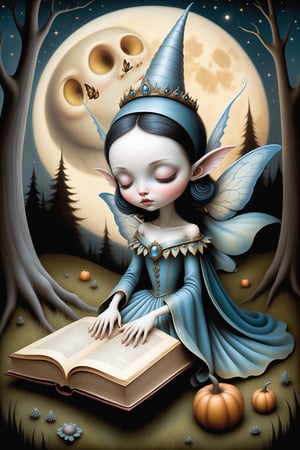 Cinematic scene - side view full body shot. in the style of Nicoletta Ceccoli, Mark Ryden and Esao Andrews. a detailed picture of a cute female fairy queen with elaborate fairy costume and elaborate fairy wings sleeping eyes closed lying down on a giant elaborate illustrated open book under a full moon in a magical forest at night.