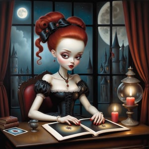 Cinematic shot of a beautiful young gothic lolita woman in the artistic style of Nicoletta Ceccoli, mark ryden and Esao Andrews. minimalist style. sweet smile. shiny long curly red hair with top knots and pony tails. she is sitting at her desk reading tarot cards. a ghost stands behind her. it is night time, full moon outside of her window. her room has lit candles, old books, spellbooks, elaborate ancient magical books. witchcraft. feeling of exquisite beauty, whimsical dreams and magic. extremely detailed, (((perfect female anatomy))). extremely detailed, in the style of esao andrews, full body shot. dynamic pose. (((manicured long painted fingernails))) (((perfect hands and fingers))).