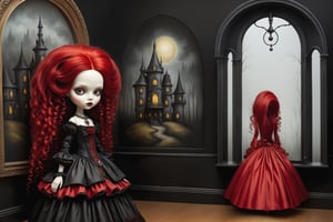 Cinematic scene - full body shot side view. in the style Nicoletta Ceccoli, Mark Ryden and Esao Andrews. a gothic  beautiful vampire girl with very long red curly hair, yellow eyes, wearing elaborate earrings, necklace, and elaborate victorian gothic lolita dress. black gloves. she is in her room standing next to her elaborate coffin. there is a large window and the full moon and scary forest in the distance. minimalist style. a detailed elaborate gothic bedroom. in the style Nicoletta Ceccoli, Mark Ryden and Esao Andrews.  REALISTIC