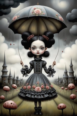 Cinematic scene - full body shot. in the style of Nicoletta Ceccoli, Mark Ryden and Esao Andrews. a detailed picture of a girl with long jet black hair in elaborate buns and braids smiling happy joyful its raining. she is wearing an elaborate high fashion expensive lolita outfit. there is lightning and dark storm clouds in the sky. she left her umbrella at home. she is standing in a flower garden. in the style Nicoletta Ceccoli, Mark Ryden and Esao Andrews. dynamic pose. umbrella-no.