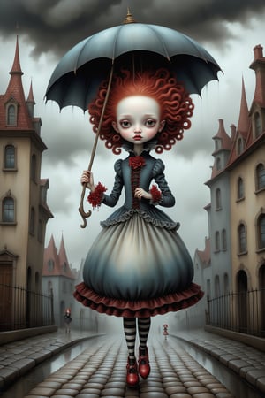 Cinematic scene - full body shot. in the style of Nicoletta Ceccoli, Mark Ryden and Esao Andrews. a picture of a pretty girl walking on a rainy cobblestone street. she has long vivid curly red hair. she is wearing an elaborate high fashion decorated rococo dress, stockings and shoes. there is lightning and dark storm clouds in the sky. rain is falling and she is getting wet. she is wearing an elaborate decorative umbrella hat. her hands are empty. in the style Nicoletta Ceccoli, Mark Ryden and Esao Andrews. dynamic pose. 