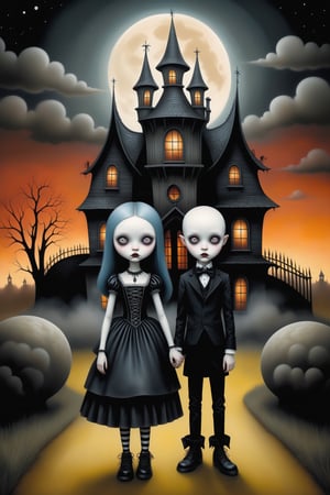 Cinematic scene - full body shot. in the style of Nicoletta Ceccoli, Mark Ryden and Esao Andrews. a detailed picture of a teen goth girl and teen goth boy standing in front of a haunted house under a full moon at night. wearing elaborate high fashion gothic outfits, hot topic, gothic lolita, hair, jewelry, shoes, make-up.  in the style Nicoletta Ceccoli, Mark Ryden and Esao Andrews.