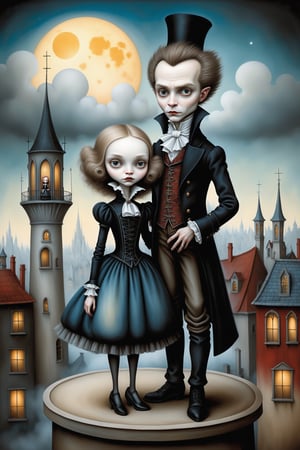 Cinematic scene - full body shot. in the style of Nicoletta Ceccoli, Mark Ryden and Esao Andrews. a detailed picture of young claudia, Lestat de Lioncourt and Louis de Pointe du Lac the vampires from interview with the vampire in elaborate high fashion outfits standing together on the roof of a high rise building in a gothic city at night under the full moon in the style of Nicoletta Ceccoli, Mark Ryden and Esao Andrews. 