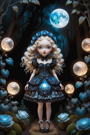 Cinematic full body shot of a beautiful young sweet gothic lolita woman in the artistic style of Nicoletta Ceccoli, Mark Ryden and Esao Andrews. minimalist style. sweet smile. bright blue eyes. long curly blond hair with bangs. she is standing in a magical forest with beautiful trees, illuminated flowers, ferns, glowing colorful orbs. it is night time, full moon. dark sky outside of her window. she wears an elaborate gothic lolita dress, elaborate large earrings, feeling of exquisite beauty, whimsical dreams and magic. extremely detailed, (((perfect female anatomy))). extremely detailed, in the style of esao andrews, full body shot. head to toe shot. dynamic pose.