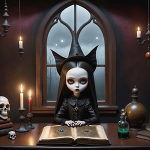 Cinematic shot, wide shot, a gothic small girl sitting at a desk with a large leather old spellbook, in the style Nicoletta Ceccoli, Mark Ryden and Esao Andrews. minimalist style. a detailed elaborate gothic bedroom with william morris gothic scary wallpaper, velvet curtains, cluttered with creepy cat, monster ghost paintings, dolls, colorful potion bottles, magic circle on floor, ancient leather spellbooks, candelabra, skulls, witch brooms, healing crystals. creepy cat. night time. dark outside. full moon visible through large window. (((perfect female hands))) (((perfect fingers))) (((manicured painted long fingernails)))