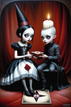 Cinematic scene - full body shot. in the style of Nicoletta Ceccoli, Mark Ryden and Esao Andrews. a detailed picture of a teen goth girl and teen goth boy sitting on the floor side view, candles lit, they are playing with a ouija board, looking at each other wearing elaborate high fashion gothic outfits, hot topic, gothic lolita, hair, jewelry, shoes, make-up.  in the style Nicoletta Ceccoli, Mark Ryden and Esao Andrews.