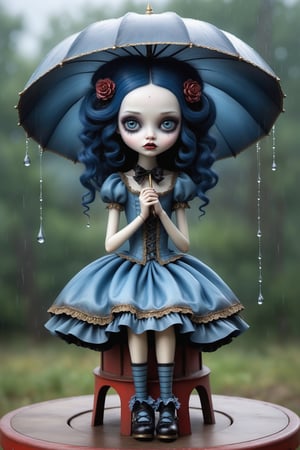 Cinematic scene - full body shot. in the style of Nicoletta Ceccoli, Mark Ryden and Esao Andrews. a picture of a pretty girl sitting on a carousel in the rain. she has long dark blue hair. she has gothic make-up on her eyes and face. she is wearing an elaborate high fashion decorated rococo dress, stockings and shoes. raindrops are falling from the sky. there is lightning and dark storm clouds in the sky. (((she carries her closed umbrella in her hand))). 