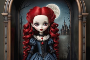 Cinematic scene - full body shot side view. in the style Nicoletta Ceccoli, Mark Ryden and Esao Andrews. a gothic  beautiful vampire girl with very long red curly hair, bright red eyes, mischevious scary smile, wearing elaborate earrings, necklace, and elaborate victorian gothic lolita dress in colors dark blue, red black with elizabethan collar. black gloves. she is in her room standing next to her elaborate coffin. there is a large window and the full moon and scary forest in the distance. minimalist style. a detailed elaborate gothic bedroom. in the style Nicoletta Ceccoli, Mark Ryden and Esao Andrews.  REALISTIC