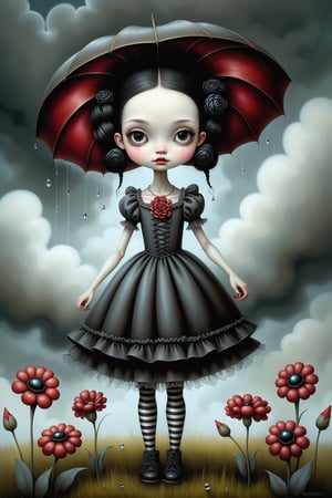 Cinematic scene - full body shot. in the style of Nicoletta Ceccoli, Mark Ryden and Esao Andrews. a detailed picture of a girl with long jet black hair in elaborate buns and braids smiling. she is wearing an elaborate high fashion expensive lolita outfit. there is lightning and dark storm clouds in the sky. raindrops are falling. she is standing in a flower garden in a field. in the style Nicoletta Ceccoli, Mark Ryden and Esao Andrews. dynamic pose. umbrella-no.