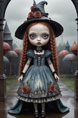 Cinematic scene - full body shot. in the style of Nicoletta Ceccoli, Mark Ryden and Esao Andrews. a picture of a pretty girl standing under a carnaval tent in the pouring rain. rain is dripping and falling all around. she has long copper colored hair in elaborate braids and buns. she has gothic make-up on her eyes and face. she is wearing an elaborate high fashion gothic lolita, stockings and shoes. raindrops are falling from the sky. there is lightning and dark storm clouds in the sky. (((perfect hands))) (((manicured fingernails))) ((((nail polish)))