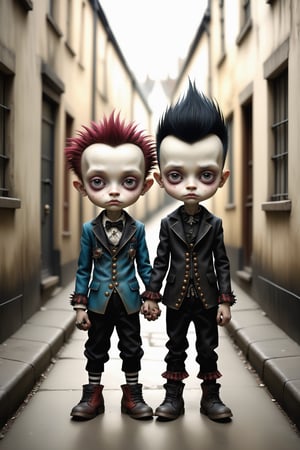 Cinematic scene - full body shot. in the style of Nicoletta Ceccoli, Mark Ryden and Esao Andrews. a detailed picture of a punk boy and boy holding hands in a london alleyway in elaborate high fashion punk outfits in the style Nicoletta Ceccoli, Mark Ryden and Esao Andrews. 