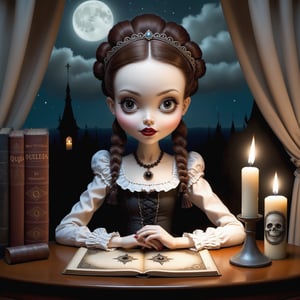 Cinematic shot of a beautiful young gothic lolita woman in the artistic style of Nicoletta Ceccoli, mark ryden and Esao Andrews. minimalist style. sweet smile. shiny long auburn hair in elaborate braids and buns. she is sitting at her desk. a ouija board is on her desk. she is looking at the ouija board. it is night time, full moon outside of her window. her room has lit candles, old books, magical decorations. feeling of exquisite beauty, whimsical dreams and magic. extremely detailed, (((perfect female anatomy))). extremely detailed, in the style of esao andrews, full body shot. head to toe shot. dynamic pose.