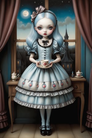 Cinematic full body shot of a beautiful young sweet gothic lolita woman in the artistic style of Nicoletta Ceccoli, mark ryden and Esao Andrews. minimalist style. sweet smile. shiny long light blue hair casading down her back. she is standing next to her window holding a teacup. on her desk is an open picture book with magical symbols. it is night time, full moon outside of her window. she wears an elaborate sweet lolita dress, patterend stockings and mary jane shoes. feeling of exquisite beauty, whimsical dreams and magic. extremely detailed, (((perfect female anatomy))). extremely detailed, in the style of esao andrews, full body shot. head to toe shot. dynamic pose.