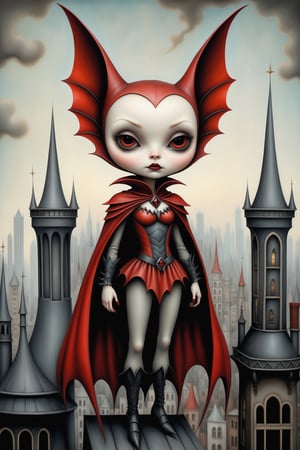 Cinematic scene - full body shot. in the style of Nicoletta Ceccoli, Mark Ryden and Esao Andrews. a detailed picture of a batwoman in an elaborate high fashion outfit standing on the roof of a high rise building in a gothic city in the style of Nicoletta Ceccoli, Mark Ryden and Esao Andrews. 