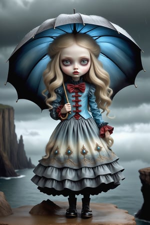 Cinematic scene - full body shot. in the style of Nicoletta Ceccoli, Mark Ryden and Esao Andrews. a picture of a pretty girl walking in a rain storm on a cliff above the ocean below. she has long blonde hair and fringe. she has gothic make-up on her eyes and face. she is wearing an elaborate high fashion decorated rococo dress, stockings and shoes. her hair and dress are soaking, dripping wet. raindrops are falling from the sky. there is lightning and dark storm clouds in the sky. (((she carries her closed umbrella in her hand))). 
