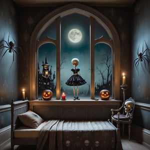 Cinematic shot, wide shot, a rocking skeleton horse elaborate paint in the style Nicoletta Ceccoli, Mark Ryden and Esao Andrews. minimalist style. in a detailed elaborate gothic bedroom with creepy spider pattern wallpaper, creepy paintings on the walls, dolls, magical potions, old ancient leather spellbooks, candles, skulls, witch brooms, healing crystals. night time, full moon can be seen through the large window. transparent ghose of a small girl.