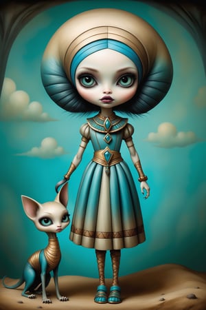 Cinematic scene - full body shot. in the style of Nicoletta Ceccoli, Mark Ryden and Esao Andrews. a detailed picture of cleo de nile egyptian mummy girl from monster high with her pet teal colored cobra hissette in the style Nicoletta Ceccoli, Mark Ryden and Esao Andrews. 