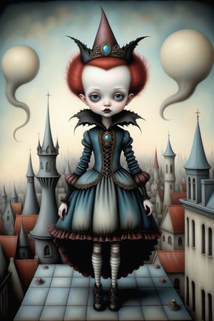 Cinematic scene - full body shot. in the style of Nicoletta Ceccoli, Mark Ryden and Esao Andrews. a detailed picture of lillith the baby stealer in an elaborate high fashion outfit standing on the roof of a high rise building in a gothic city in the style of Nicoletta Ceccoli, Mark Ryden and Esao Andrews. 