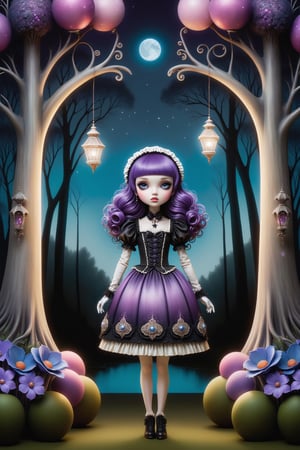 Cinematic full body shot of a beautiful young sweet gothic lolita woman in the artistic style of Nicoletta Ceccoli, Mark Ryden and Esao Andrews. minimalist style. sweet smile. bright blue eyes. long curly purple hair with bangs. she is standing in a magical forest with beautiful trees, illuminated flowers, ferns, glowing landscape lights. it is night time, full moon. dark sky outside of her window. she wears an elaborate gothic lolita dress in black, purple, white colors. gloves on her hands. elaborate large earrings, feeling of exquisite beauty, whimsical dreams and magic. extremely detailed, (((perfect female anatomy))). extremely detailed, in the style of esao andrews, full body shot. head to toe shot. dynamic pose.,zavy-hrglw,glitter