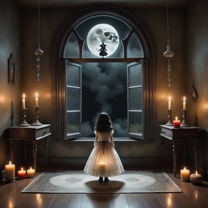 Cinematic shot, wide shot, a transparent ghost of a small girl floating above the floor in the style Nicoletta Ceccoli, Mark Ryden and Esao Andrews. minimalist style. in a detailed elaborate gothic bedroom with witch pattern wallpaper, creepy paintings on the walls, dolls, magical potions, old ancient leather spellbooks, candelabra with lit candles, skulls, witch brooms, healing crystals. night time. full moon can be seen through the large window. 