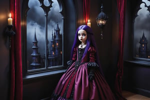 Cinematic scene - full body shot side view, a gothic small girl, vibrant purple long hair, bright purple eyes, elaborate earrings, necklace, wearing elaborate victorian gothic lolita dress in red black dark blue colors, black gloves. she is in her gothic room looking out her large window in the style Nicoletta Ceccoli, Mark Ryden and Esao Andrews. minimalist style. a detailed elaborate gothic bedroom. painted mural of witch coven on wall. creepy portraits on the walls, dolls, ancient leather spellbooks, lanterns, candles, skulls, witch brooms, ghosts. midnight. dark outside. full moon visible through large window. in the style of Esao Andrews, Nicoletta Ceccoli, REALISTIC