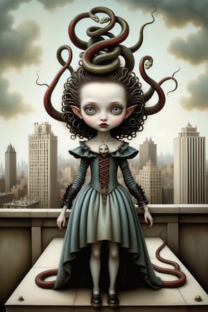 Cinematic scene - full body shot. in the style of Nicoletta Ceccoli, Mark Ryden and Esao Andrews. a detailed picture of medusa with fsnakes for hair, in an elaborate high fashion outfit standing on the roof of a high rise building in a gothic city in the style of Nicoletta Ceccoli, Mark Ryden and Esao Andrews. 