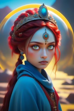(masterpiece, best quality, ultra-detailed, best shadow), (detailed background,dark fantasy), (beautiful detailed face), high contrast, (best illumination, an extremely delicate and beautiful), ((cinematic light)), colorful, hyper detail, dramatic light, intricate details, Cute big headed large yellow eyed indian girl with red hair she wears a crown. She’s on an alien planet. in her hand she holds a glowing glass circle with a small alien world visible inside. The world is floating in the glass circle. She is obviously an alien with tight fitting outfit, decorated heavily with vibrant royal blues, whites, silvers and reds
