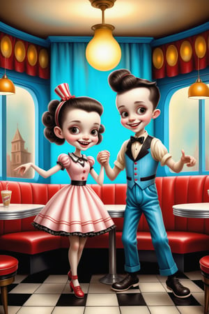 Cinematic scene - full body shot. in the style of Nicoletta Ceccoli, Mark Ryden and Esao Andrews. a detailed picture of a happy playful Rockabily teen boy and teen girl dancing in a diner at the fancy jukebox  smiling in a 1950's diner in elaborate high fashion Rockabilly clothes in the style Nicoletta Ceccoli, Mark Ryden and Esao Andrews. 