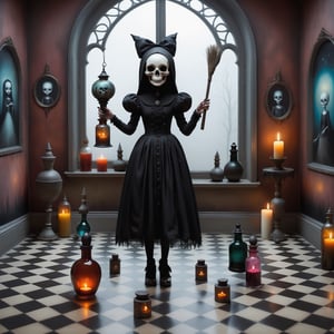Cinematic shot, wide shot, a transparent ghost of a small girl floating above the floor in the style Nicoletta Ceccoli, Mark Ryden and Esao Andrews. minimalist style. in a detailed elaborate gothic bedroom with patterned gothic wallpaper, creepy paintings on the walls, dolls, colorful magical potion bottles, glowing magical circle with magical symbols on floor, ancient leather spellbooks, candelabra, skulls, witch brooms, healing crystals. creepy cat. pentacle, night time. full moon can be seen through the large window. (((perfect female hands))) (((perfect fingers))) (((manicured painted long fingernails)))
