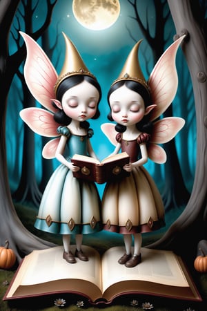 Cinematic scene - side view full body shot. in the style of Nicoletta Ceccoli, Mark Ryden and Esao Andrews. a detailed picture of cute fairy sisters with elaborate fairy costume and elaborate fairy wings sleeping eyes closed on a giant elaborate illustrated open book under a full moon in a magical forest at night.