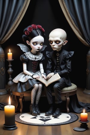 Cinematic scene - full body shot. in the style of Nicoletta Ceccoli, Mark Ryden and Esao Andrews. a detailed picture of a teen goth girl and teen goth boy sitting on the floor in a dark gothic bedroom side view, lit black candles surrounding the couple. they are playing with a ouija board, trying to summon demons, wearing elaborate high fashion gothic outfits, hot topic, gothic lolita, hair, jewelry, shoes, make-up.  in the style Nicoletta Ceccoli, Mark Ryden and Esao Andrews.