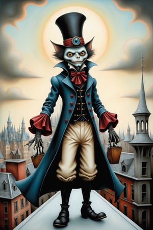 Cinematic scene - full body shot. in the style of Nicoletta Ceccoli, Mark Ryden and Esao Andrews. a detailed picture of spring-heeled jack in an elaborate high fashion outfit standing on the roof of a high rise building in a gothic city in the style of Nicoletta Ceccoli, Mark Ryden and Esao Andrews. 