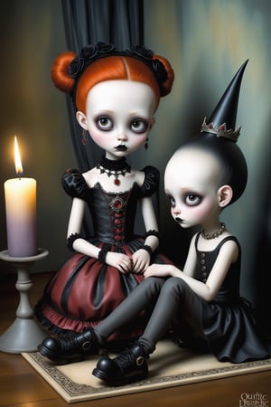 Cinematic scene - full body shot. in the style of Nicoletta Ceccoli, Mark Ryden and Esao Andrews. a detailed picture of a teen goth girl and teen goth boy sitting on the floor in a dark gothic bedroom side view, candles lit, they are playing with a ouija board, looking at each other wearing elaborate high fashion gothic outfits, hot topic, gothic lolita, hair, jewelry, shoes, make-up.  in the style Nicoletta Ceccoli, Mark Ryden and Esao Andrews.
