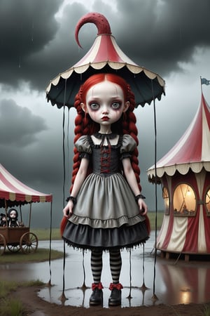 Cinematic scene - full body shot. in the style of Nicoletta Ceccoli, Mark Ryden and Esao Andrews. a picture of a pretty girl standing under a tent at the circus in the pouring rain. rain is dripping and falling all around. she has long red colored hair in elaborate braids and buns. she has gothic make-up on her eyes and face. she is wearing an elaborate high fashion gothic lolita, stockings and shoes. raindrops are falling from the sky. there is lightning and dark storm clouds in the sky. (((perfect hands))) (((manicured fingernails))) ((((nail polish)))