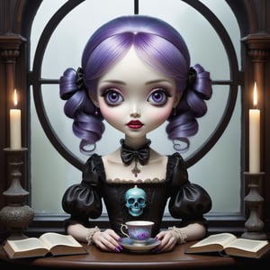 Cinematic shot of a beautiful young cute   sweet lolita in the artistic style of Nicoletta Ceccoli, mark ryden and Esao Andrews. minimalist style. sweet smile. shiny long pastel multi-colored layered hair with bangs. she has detailed vibrant purple blue eyes. she has gothic dark make-up. she wears an eloaborate pastel gothic lolita dress with patterns, lace, bows. she is sitting at her desk next to a crystal ball. it is night time, full moon outside of her window. her desk has a lit candelabra, ancient leather books, small skull teacup and saucer. bookshelf has tarot cards, magic potions, old leather books, various healing crystals. Old paintings on the walls. william morris gothic style wallpaper feeling of exquisite beauty, whimsical dreams and magic. extremely detailed, (((perfect female anatomy))). extremely detailed, in the style of esao andrews, full body shot. dynamic pose. (((manicured long painted fingernails))) (((perfect hands))) (((perfect fingers))).